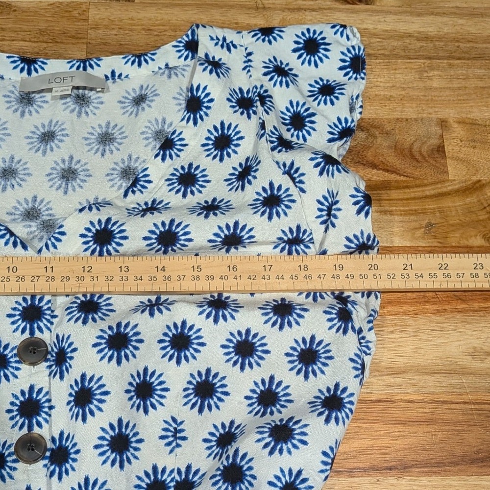 LOFT Womens Romper 10 Linen Blue White Floral Ruffle Sleeve Coastal Cottage - Picture 5 of 10